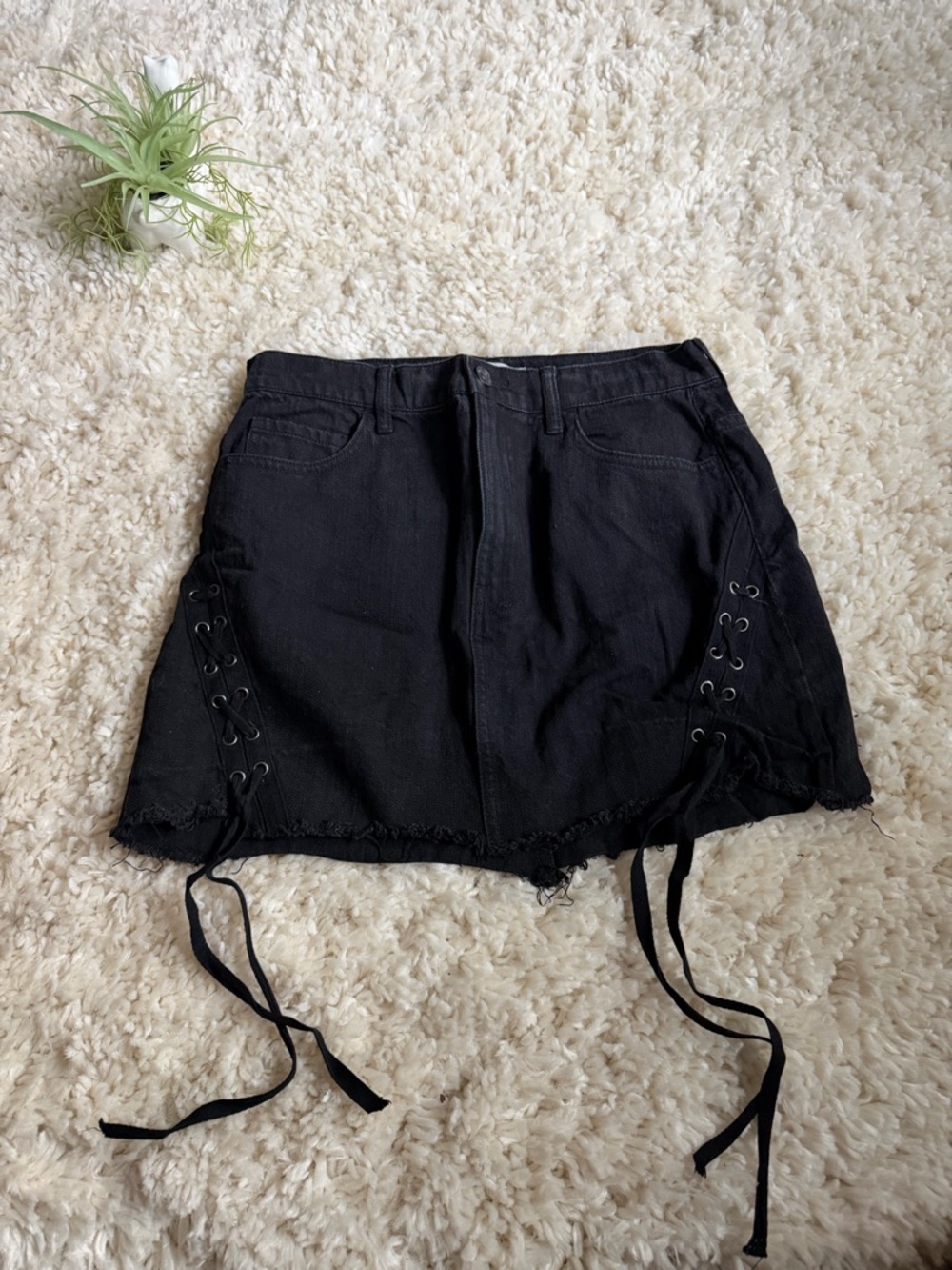 Forever 21 Black Lace-Up Denim gothic emo side ties denim unique Midi Skirt